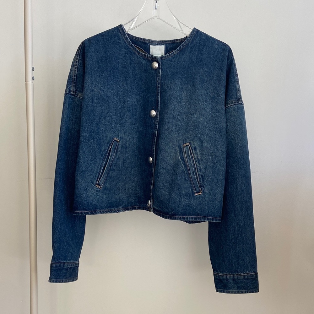 H&M Cropped Jean Jacket with Dolman Sleeve Silver Buttons Worn Denim XXL